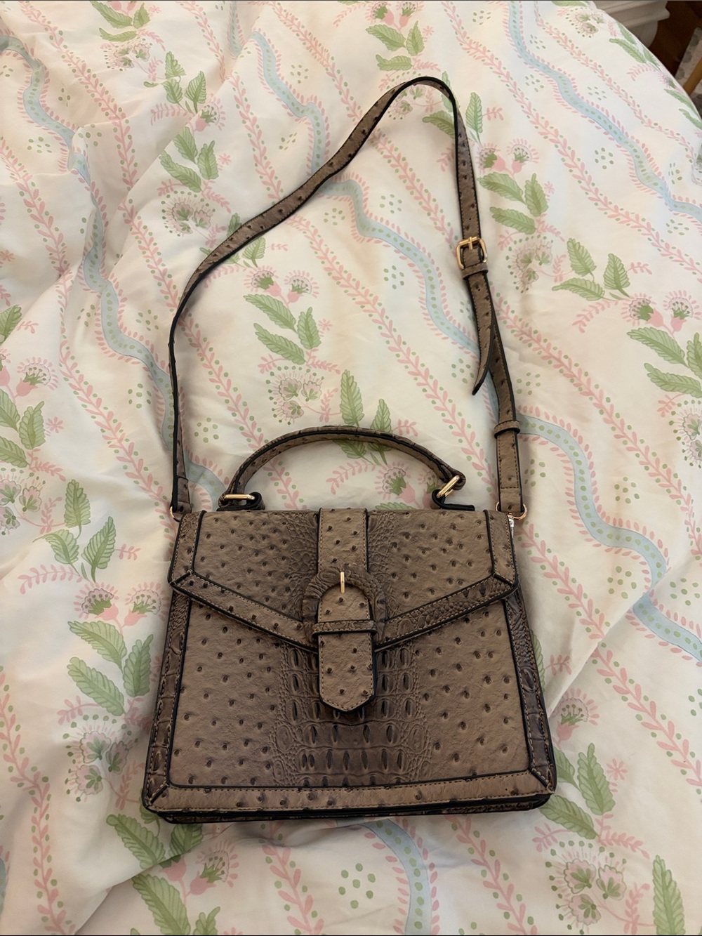 Structured Taupe Faux-Ostrich Top Handle Crossbody Bag - Women
